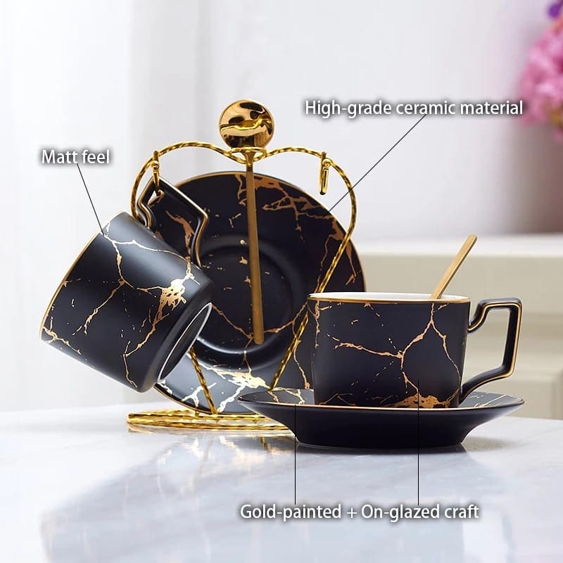 200ml Luxury Marble Ceramic Coffee Cups And Saucers Set With Gold Stand, Marble Ceramic Coffee Cup Saucer Spoon Set, Nordic Matt Porcelain Tea Set, Advanced Teacups 200ml Luxury Marble Ceramic Coffee Cups And Saucers Set With Gold Stand, Marble Ceramic Coffee Cup Saucer Spoon Set, Nordic Matt Porcelain Tea Set, Advanced Teacups